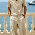 Men's Cotton Linen Mandarin Henley Short Sleeve Shirt | SAMAG