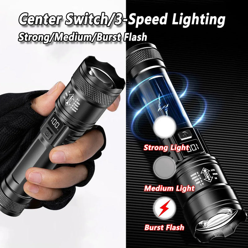 2000LM Ultra Bright P50 LED Flashlight Tactical EDC Torch Telescopic Zoom Type-C Rechargeable Emergency Spotlight for Camping