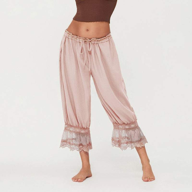 Women's Y2K Loose Fit Bloomers Cropped Pants Drawstring High Waist Floral Lace Patchwork Calf-Length Lantern Trousers