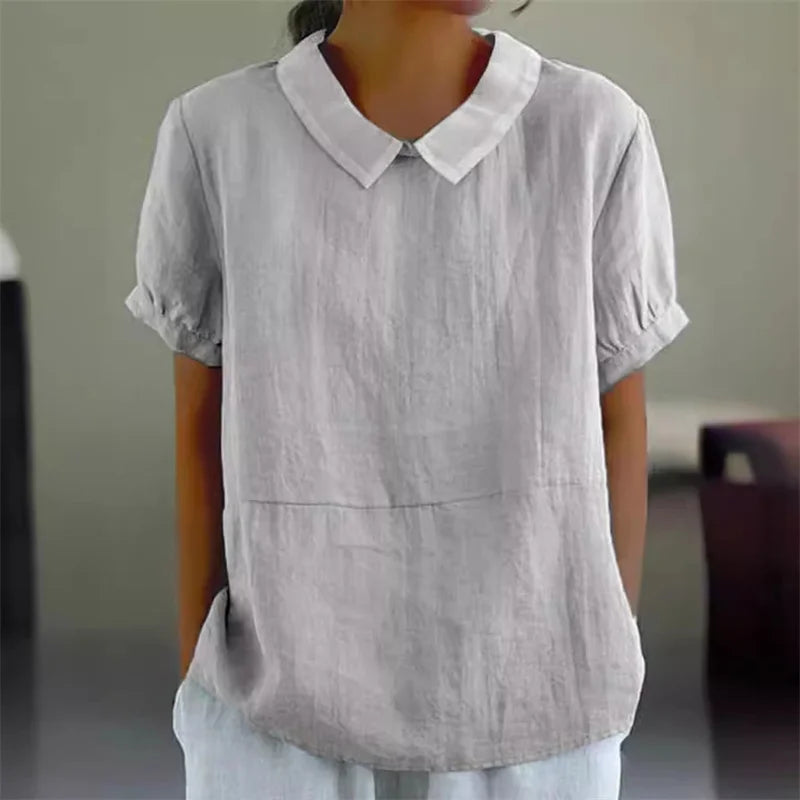 Solid Color Cotton Linen Lapel Pullover Shirt Women - View 6 | SAMAG