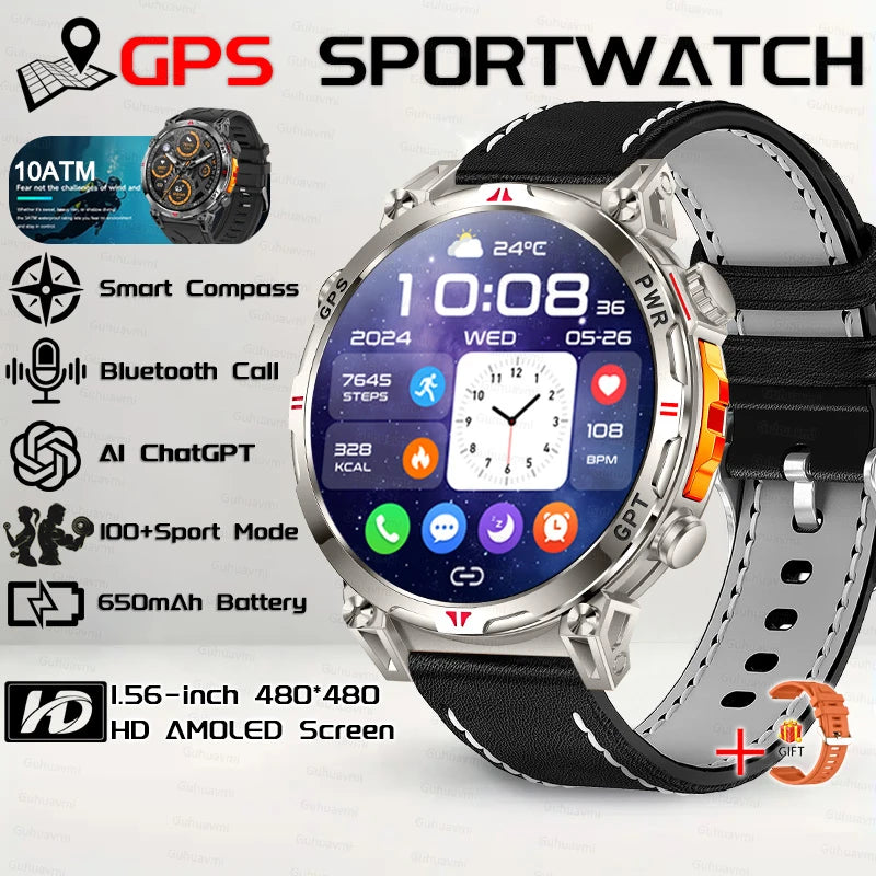2026 New Outdoor GPS Sports Smartwatches Men Compass 10ATM Waterproof 24/7 Health Monitoring Chat GPT Bluetooth Call Smart Watch