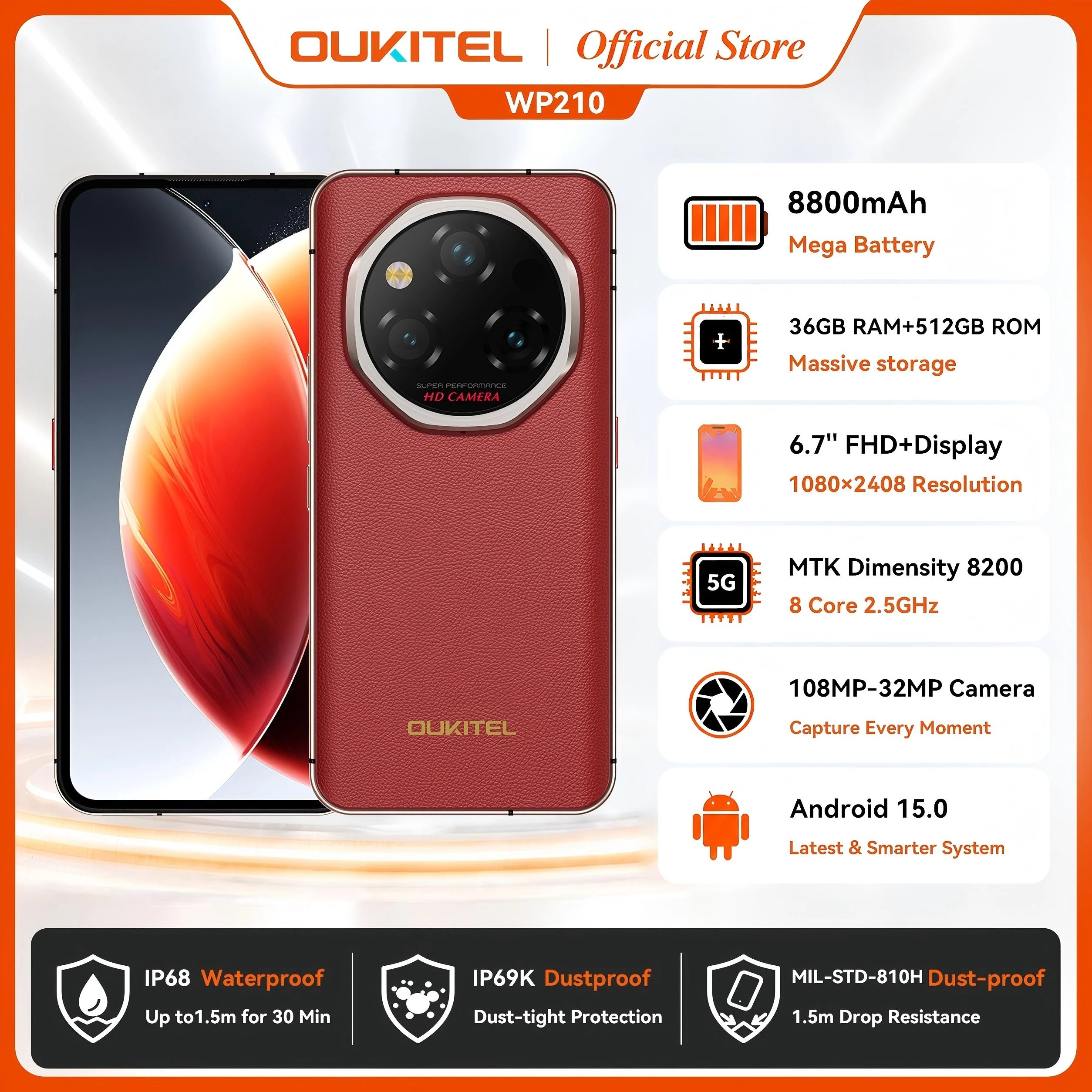 OUKITEL WP210 8800mAh 45W Rugged Phone - MTK 8200, 36GB+512GB, 6.7" FHD+, NFC, 108MP Camera Android15 5G Smartphone