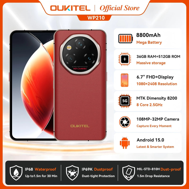 【World Premiere】OUKITEL WP210 Rugged Phone - MTK 8200, 36GB+512GB, 8800mAh 45W, 6.7" FHD+, NFC, 108MP Android15 5G Smartphone