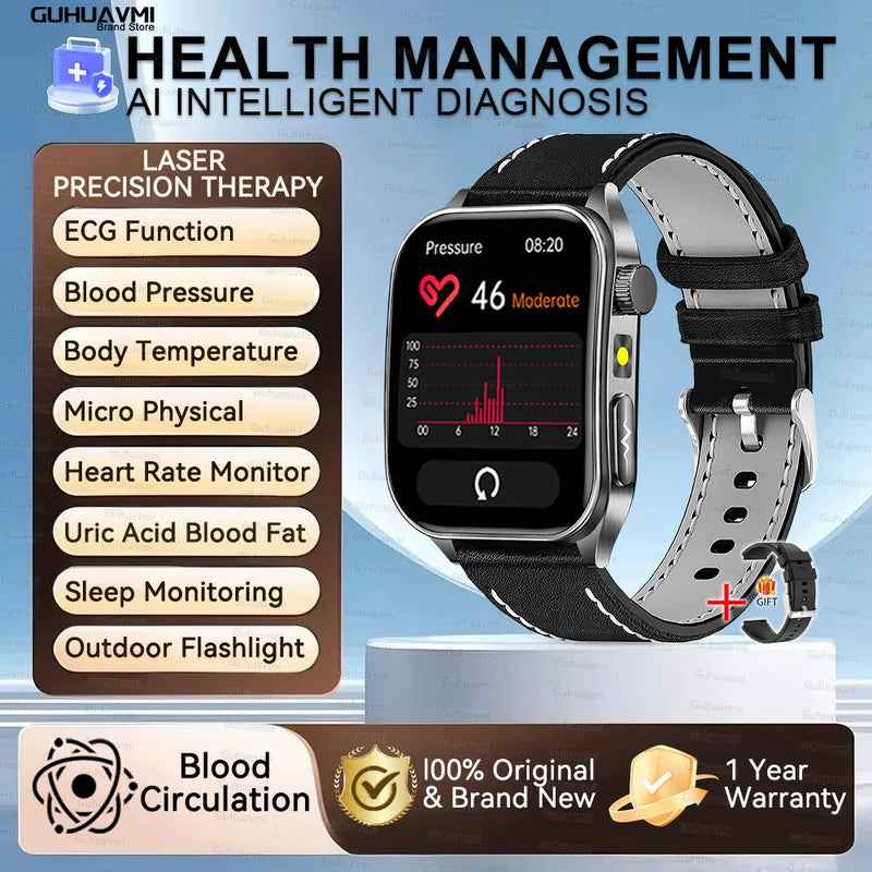 Health managed Non-Invasive Laser Physiotherapy Smart Watch Blood Pressure Uric Acid Call ECG+PPG 650nm Laser Smart Watch 2026