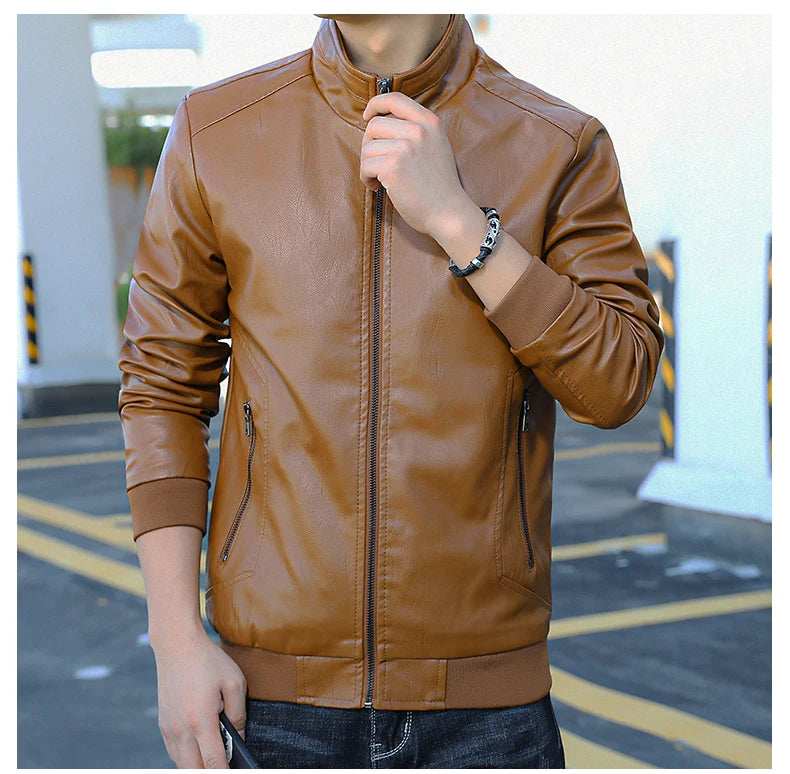 New product - 2026 new style leather jacket for men, spring-autumn men's clothing, fitted stand-up collar top coat