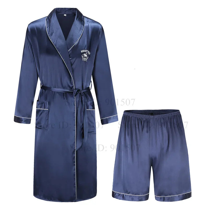 Spring Autumn Male Robe 3PCS Sleepwear Set Ice Silk Kimono Bathrobe Gown Loungewear Loose Casual Satin Homewear Nightwear 3XL