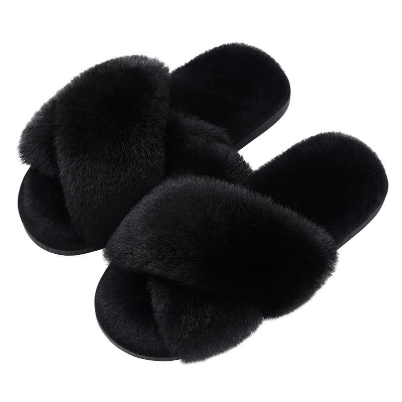 Shevalues Fashion Fluffy Home Slippers For Women Winter Indoor Open Toe Furry Cotton Shoes New Casual Furry Cozy Soft Slippers