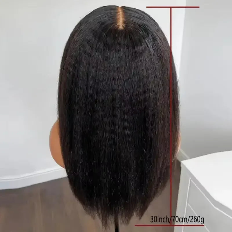 Black Yaki Lace Front Wig 30inch 180density Soft Kinky Straight Wig For Women Baby Hair Synthetic Wigs Heat Temperature Glueless