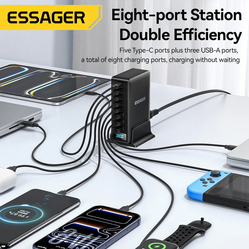 Essager 380W GaN Fast Charging Charger Stand 8-in-1 Desktop Laptop Charging Dock for iPhone 17/16/15 pro Max MacBook Air Xiaomi