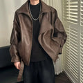 Men's Autumn High Colar Pu Leather Jacket American Retro Zipper Motorcycle Jacket Loose Fashion Atmosphere Asymmetrical Coat