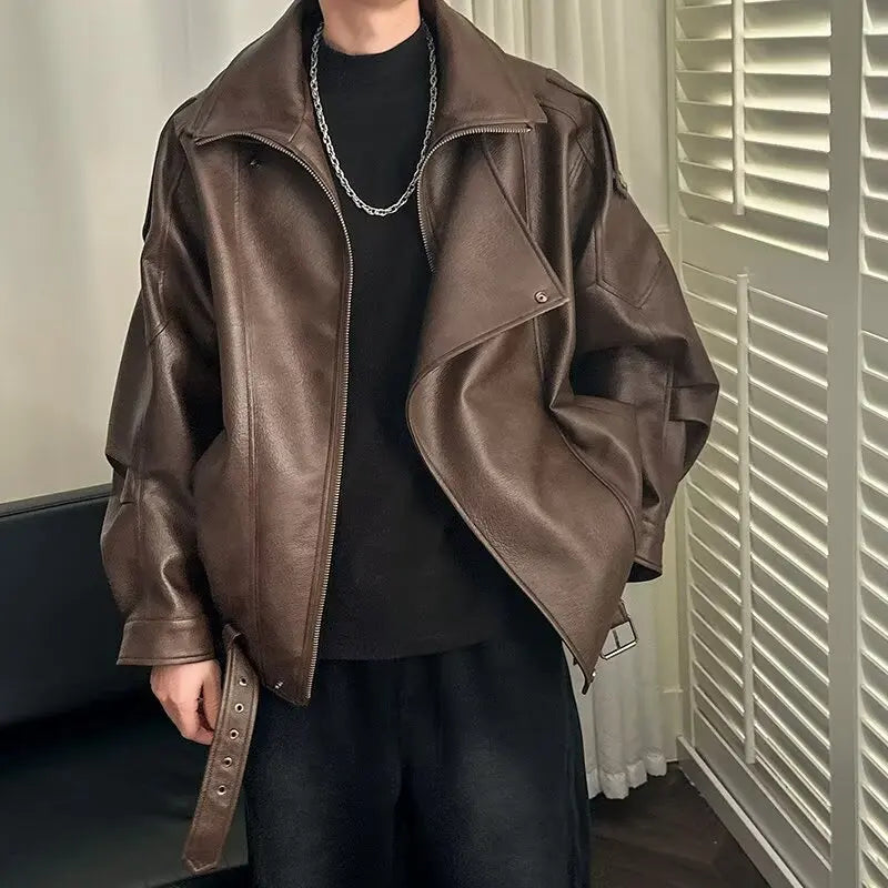 Men's Autumn High Colar Pu Leather Jacket American Retro Zipper Motorcycle Jacket Loose Fashion Atmosphere Asymmetrical Coat