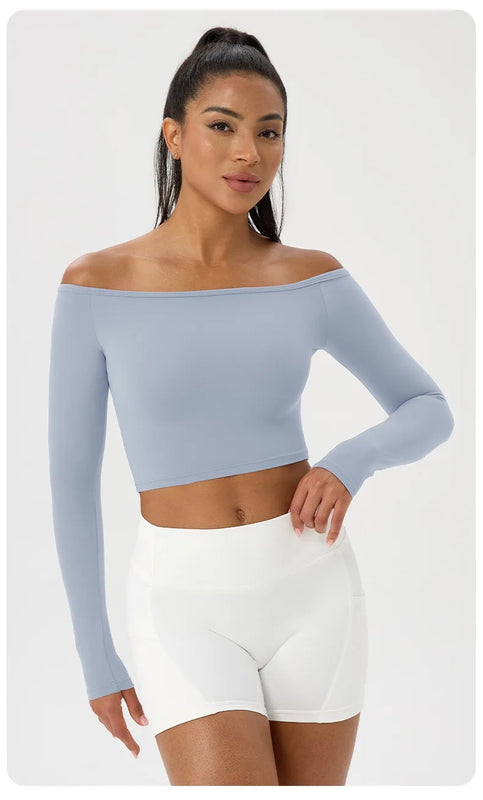 Long Sleeve Yoga T-Shirt for Women, Off Shoulder, Sexy Tight Gym Workout Top, Naked Feeling, Quick Dry Sports Activewear