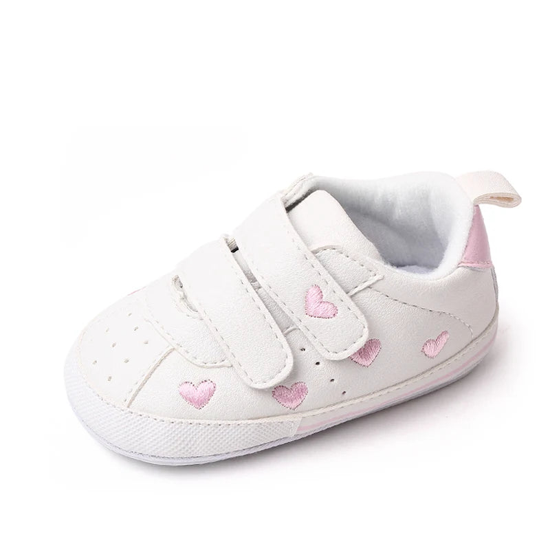 Baby White PU Sneaker Non-slip for Toddler Boys and Girls Cute Embroidery Stars and Hearts