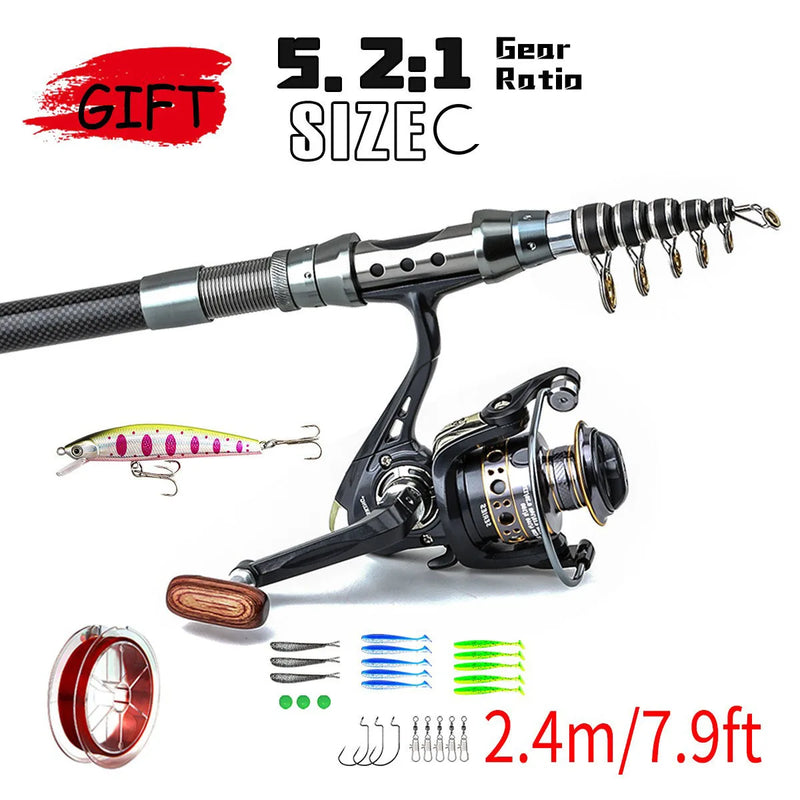 Telescopic Fishing Rod Reel Combo Full Set Portable 1.8m 2.1m 2.4m 2.7m 3m Long Cast Spinning Reel Simulation Lures For Saltwate