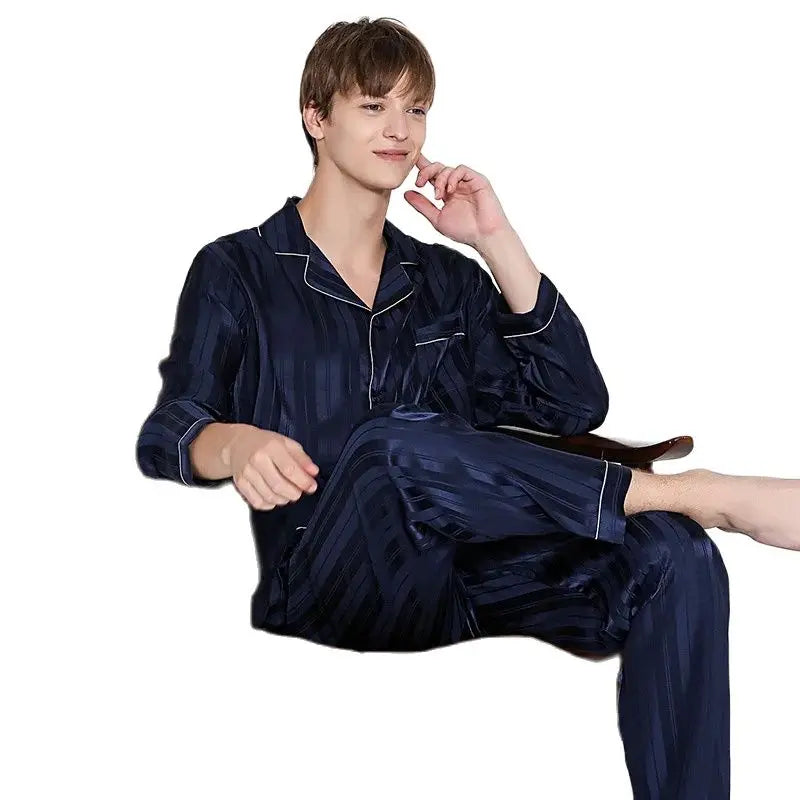Birdtree 100% Silk Pajamas Sets Men Homewear Male Casual Striped Long Sleeve Loungewear Pant 2Piece Sleepwear S3N845QM