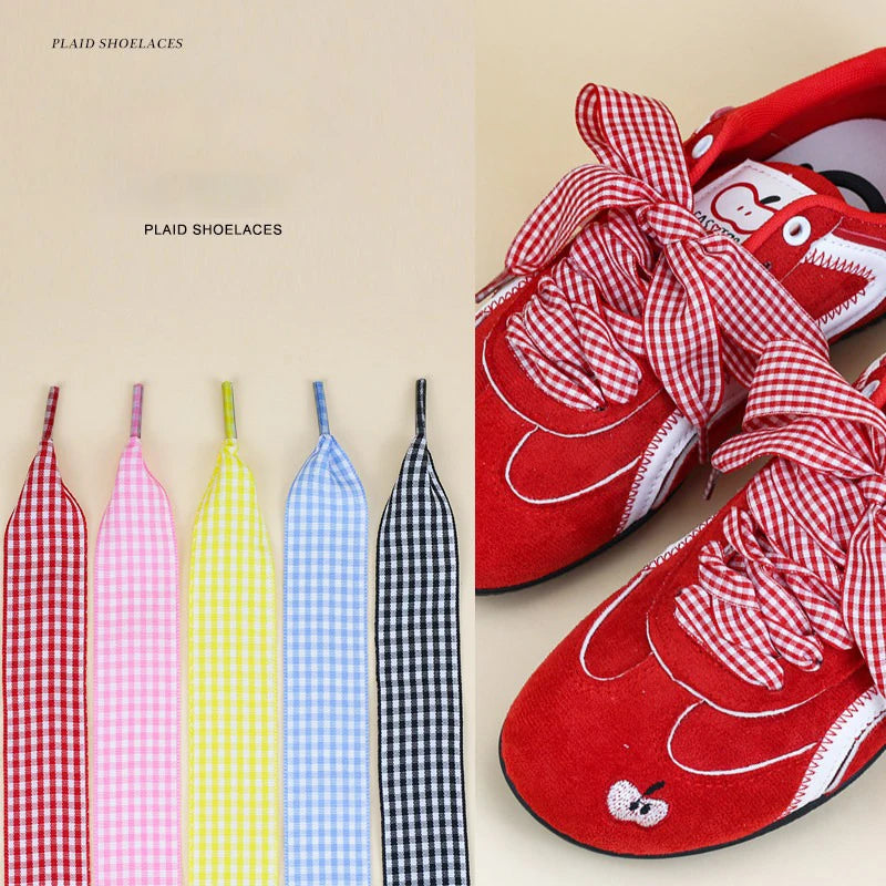 1 Pair Flat Shoelaces Replacement Decorative Check Gingham Shoe Laces for Sneakers Skate Shoe Width 2.5CM Women Men