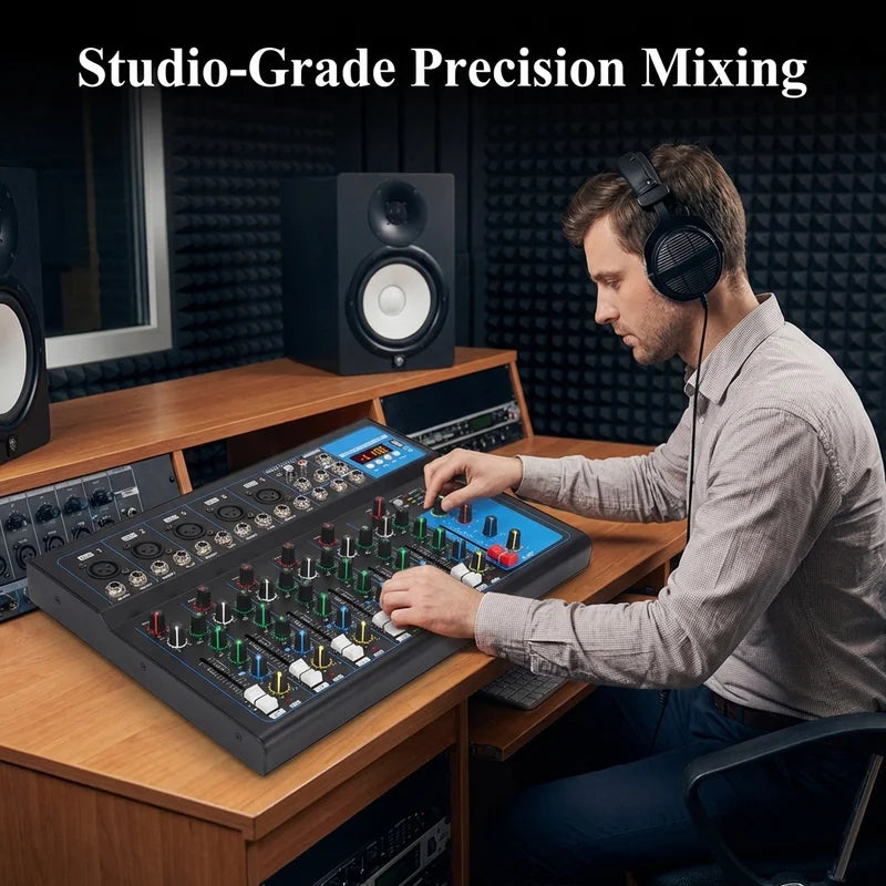 NXG F7 Professional Audio Mixer, 7-Channel Sound Console, Alloy Black, with USB Playback, PC Recording, XLR Mic Jack, RCA, for Live Streaming