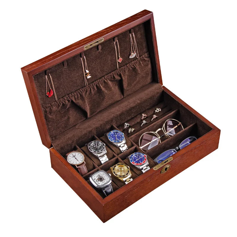 Multi-functional Wooden Men's Jewelry Box With Lock Watch And Sunglasses Box Organizer For Men Women Father's Day Gift
