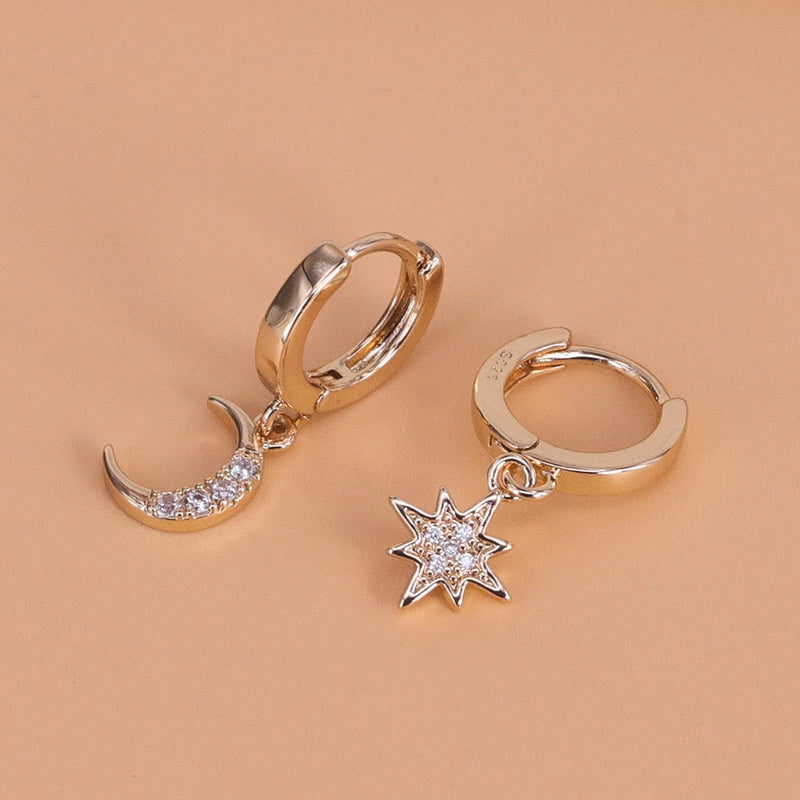 VENTFILLE 925 Sterling Silver CZ Star Moon Asymmetric Hoop Earrings for Women Girls Gold Silver Color Party Jewelry Gifts