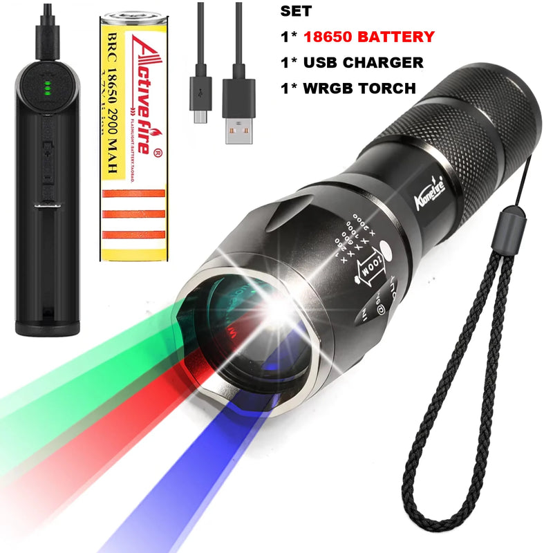 Upgraded Zoomable Red Flashlight, 4 Color in 1 Flash Light, Green Red Blue White Multi-Color RGBW Led with Memory for Fishing