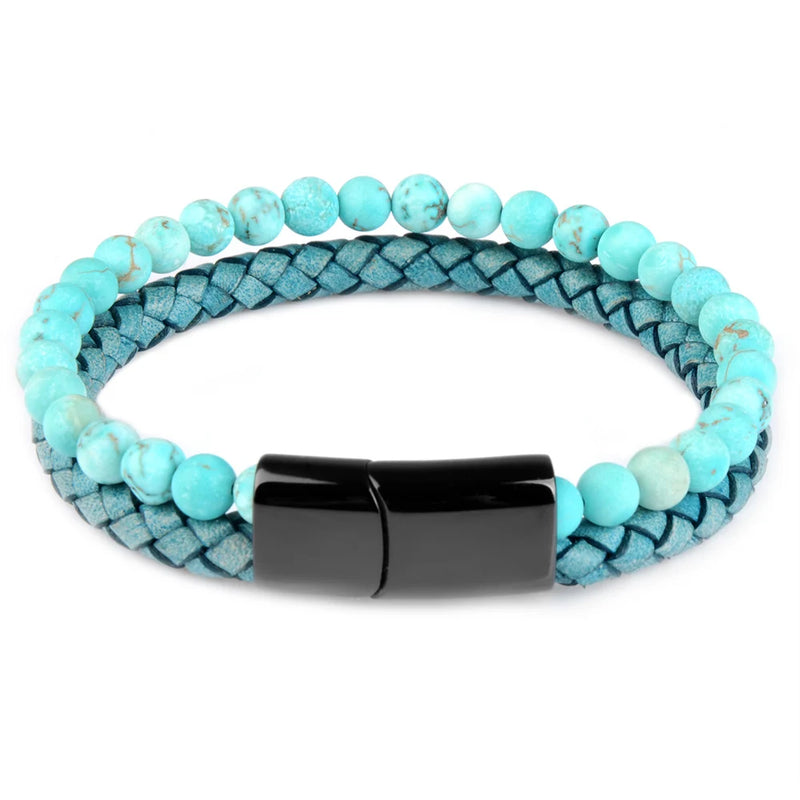 Natural Stone Bracelet Genuine Leather Braided Bracelets Black Stainless Steel Magnetic Clasp Tiger eye Bead Bangle Men Jewelry