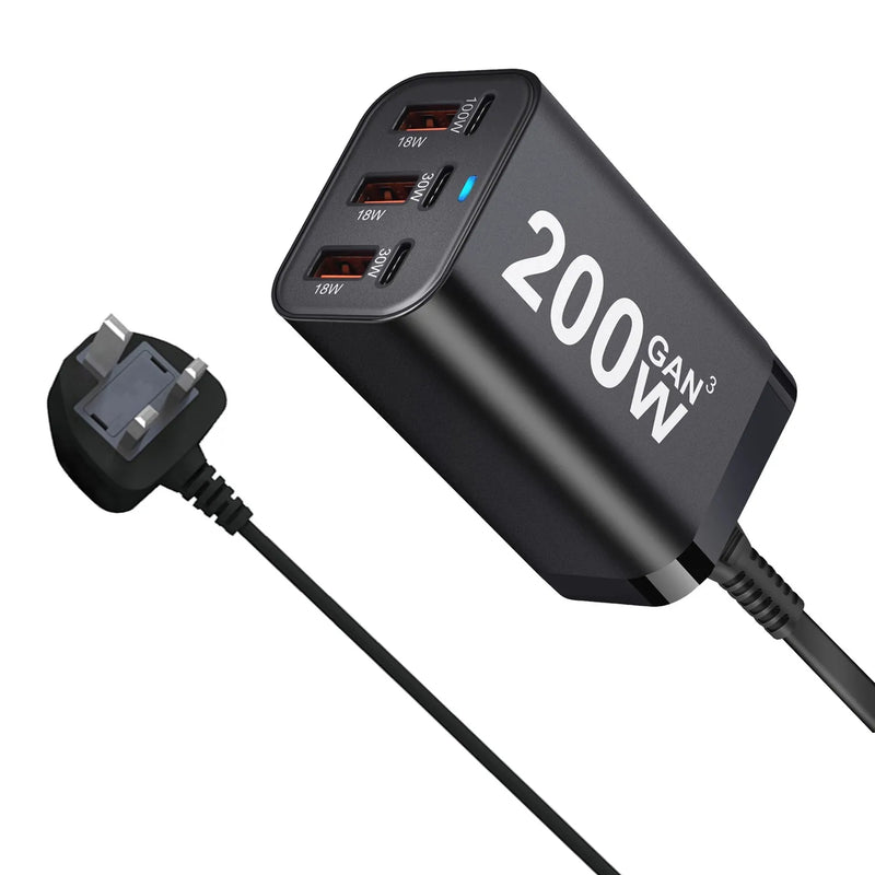 USB C Fast 200W 6-Port Charging  Fast  GaN Charger Power Adapter For iPhone 14/13/12 Series, Samsung Galaxy S23/S22/S21