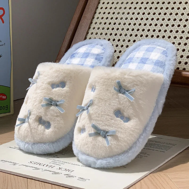 Bow Fluffy Women's Home Slippers Winter Luxury Designer Woman Shoes Fashion Plush Indoor Flats Cartoon Casual Fuzzy Fur Slides