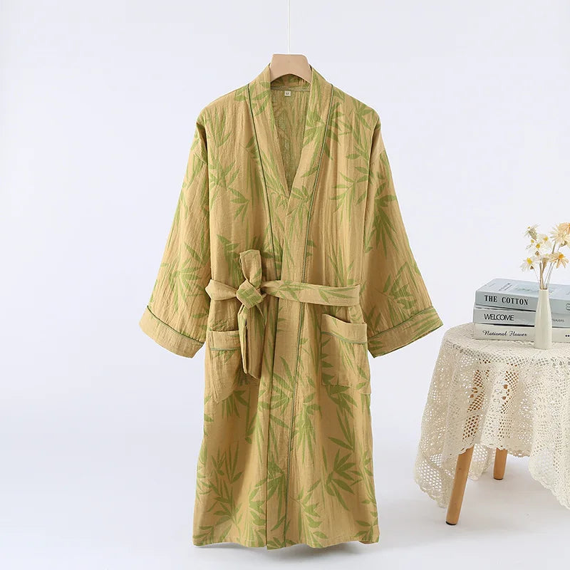 2026Couple's Printed Cotton Loose Fitting Bathrobe Japanese Style Tie Up Kimono Bathrobe Sweat Steaming Cotton Pajamas Robes Men