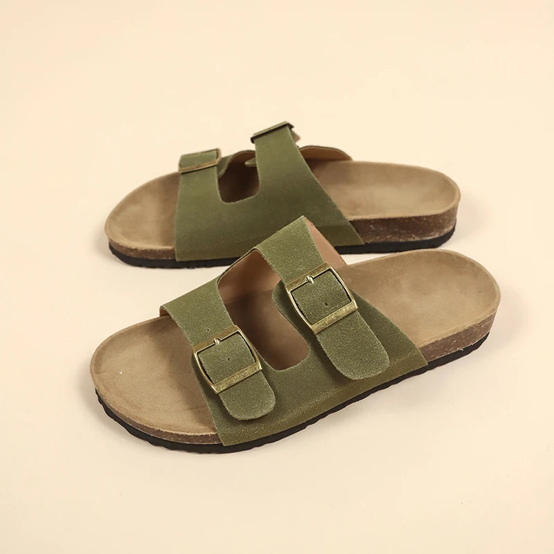 Women's Flat Outdoor Beach Casual Slippers Man Sliders Thick Sole Leather Cork Sole Sandals and Slippers