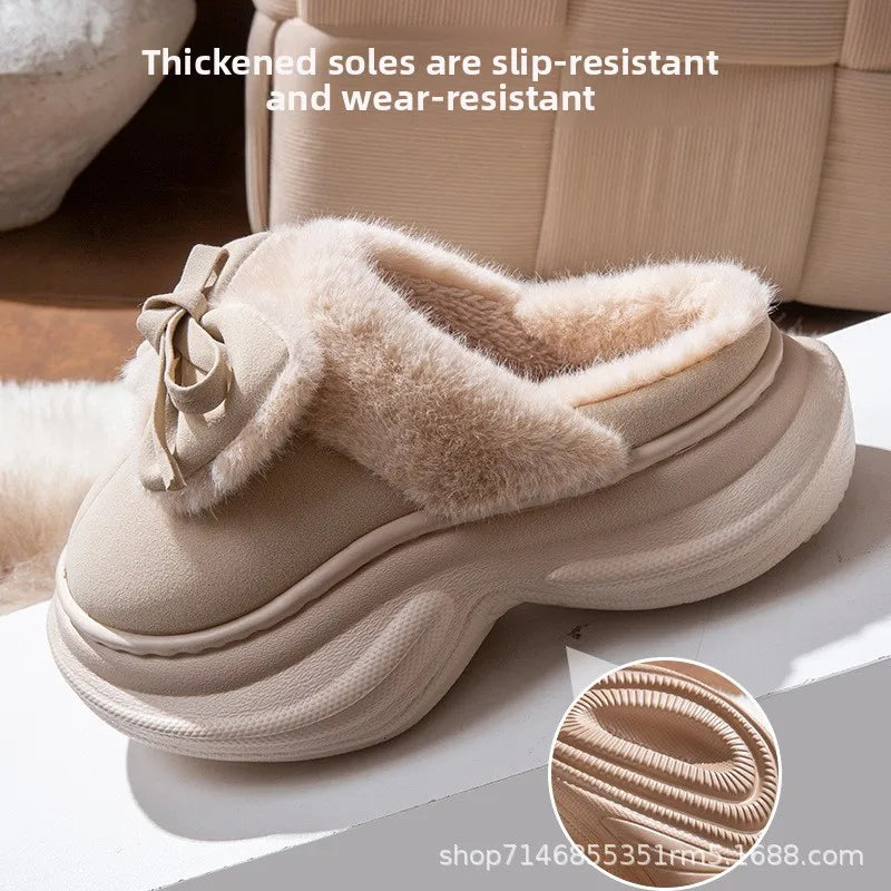Winter Women's Bow Slippers Home Casual Plush Luxury Designer Woman Shoes Wedges Platform Fuzzy Fur Slides Fashion Soft Sole