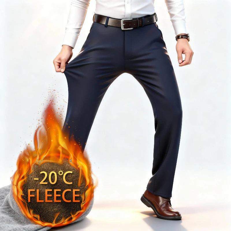 Winter Fleece Warm Business Formal Pants Men Classic Work Office Grey Elastic Waist Suit Thicked Thermal Trousers Plus