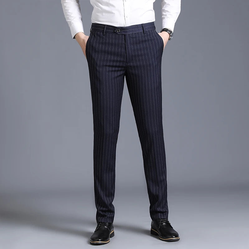 2026 Men's Blue Vertical Striped Suit Pants, Black Business Casual Trousers, Asian Sizes 28-40, Burgundy and Gray Plaid Pant.