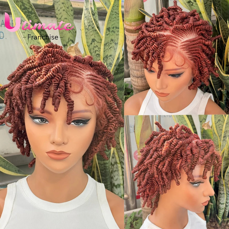 350# Bantu Braided Wigs Synthetic Full Lace Short Cornrow Braided Wigs Handmade Twist Wig with Baby Hair for Black Women