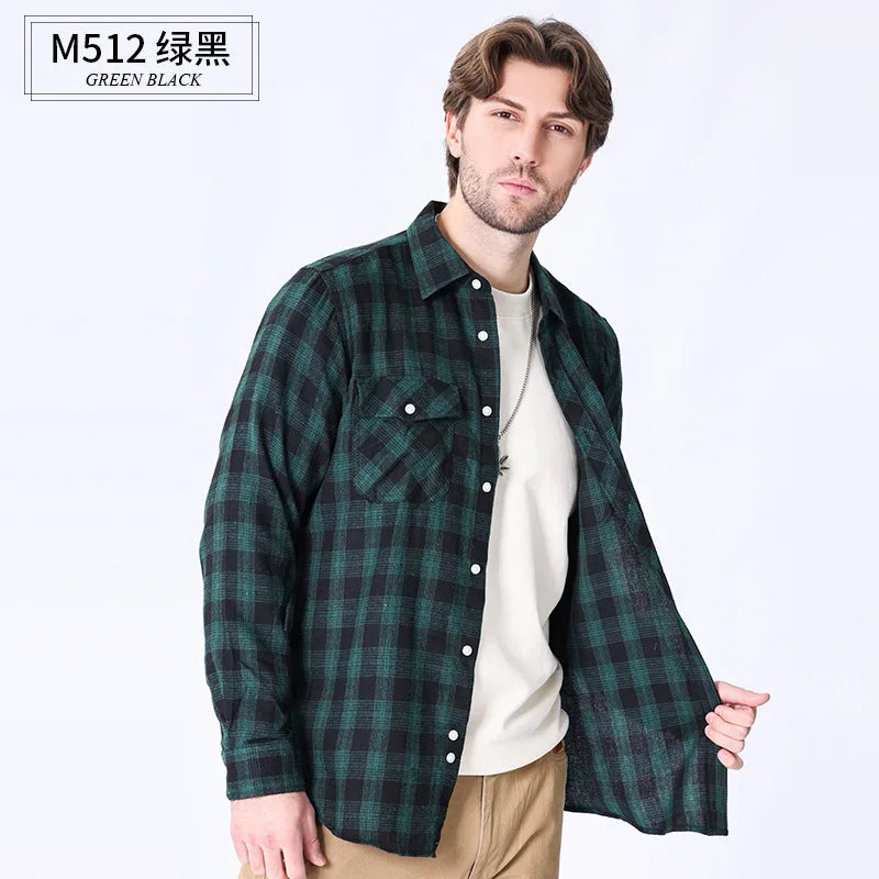 American size men's long-sleeved shirt autumn and winter flannel coat plaid casual non-ironing large size with pockets