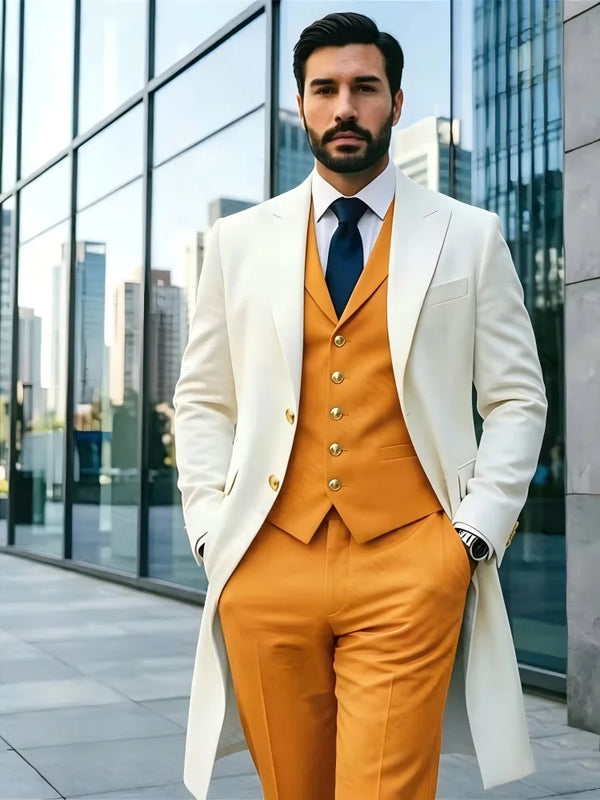 Ivory Long Blazer Men's Suits Single Breasted Wedding | SAMAG
