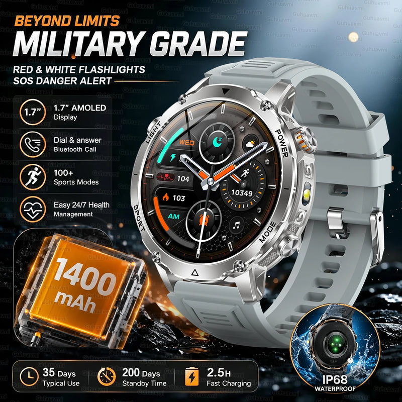 New 1400mAh Big Battery Smart Watch Men Outdoor GPS Flashlight IP68 Waterproof Bluetooth Call AMOLED Military Sports Smartwatch