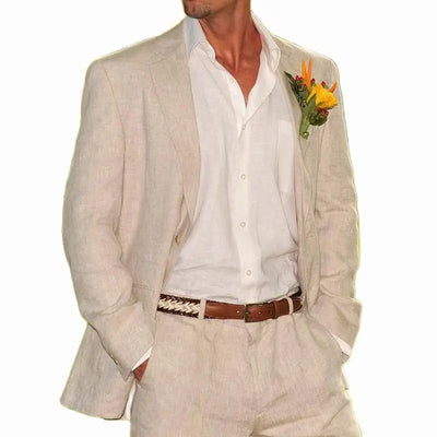Beige Linen Men Suits Beach Wedding American Style Jacket | SAMAG