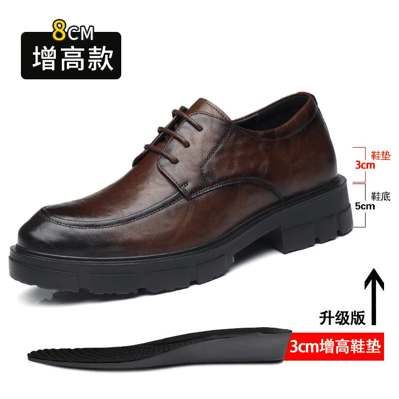 Men's Business High Heeled Leather Shoes Casual Thick Sole 10cm Height Increasing Hand Painted Pattern Trendy Formal Dress Shoes