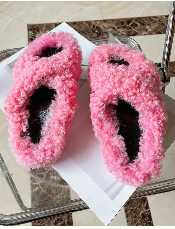 Real Wool Fur House Slippers Solid Color Cross Strap Fluffy Fur Slides Funny Comfortable Fuzzy Slippers Women's Shoes Trend 2026