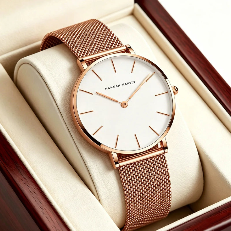 Stainless Steel Mesh Strap Women's Watch 36mm Silver Minimalist Dial Japanese Quartz Movement 6.9mm Slim Clock 3Bar Life Waterproof Local Fast Shipping Hannah Martin Brand Watch