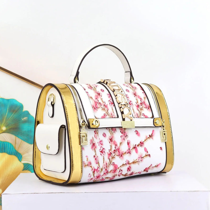 Women Boston Bag Printed Pattern Handbag Large Capacity Shoulder Crossbody Bag Double Zipper Half Cover Style Top Handle Bag