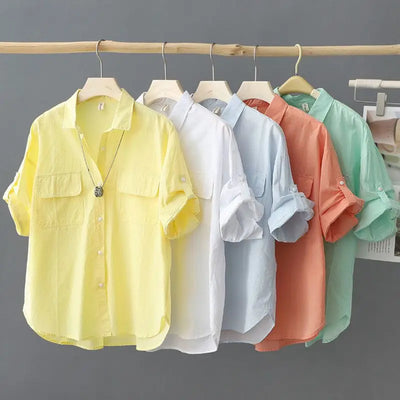 Turn - down Neck Pink Solid Short Sleeved Loose Shirt | SAMAG