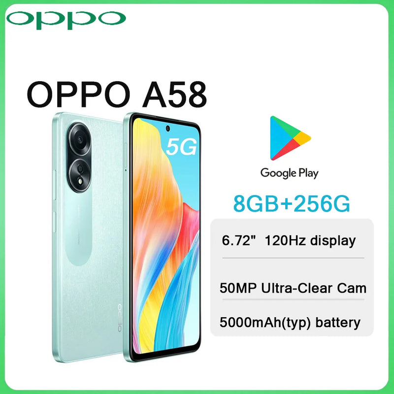 OPPO A58 6.72" 120Hz Screen 5G LTE Smartphone 8GB+256GB 50MP Camera 5000mAh Battery Side Fingerprint New Arrival Mobile Phone