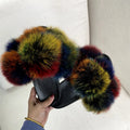 Fur Slides Factory Supply Mixed Color Pom Pom Six Balls Fox Fur Multi-Color Fluffy Fur Slippers For Women