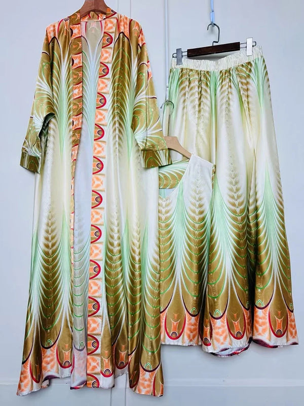 Design retro positioning printed long cardigan+vest three piece set for spring women's clothing+loose pants skirt fashion set