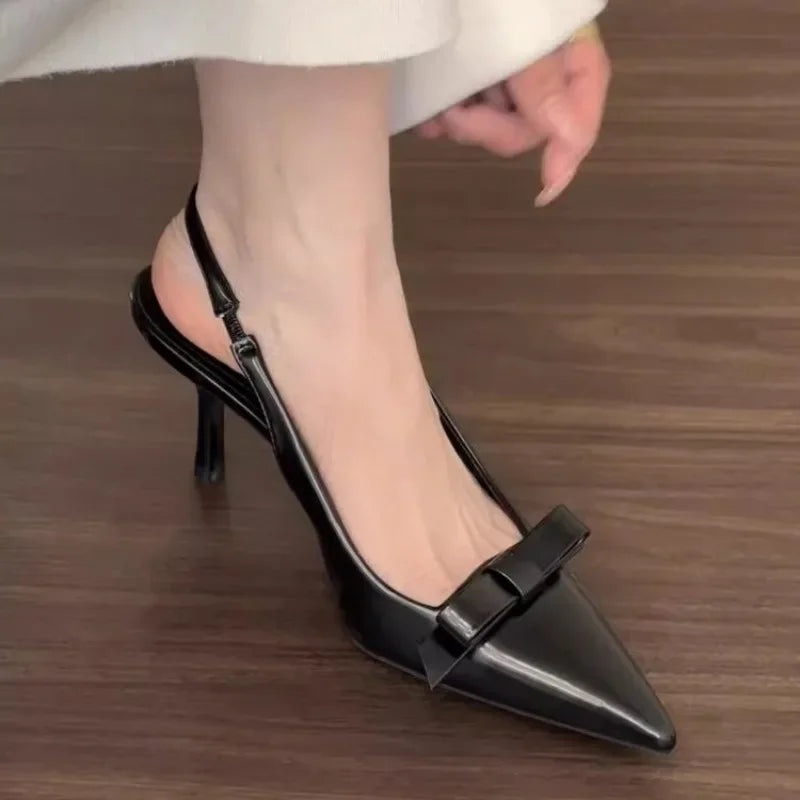 Pure Color Pointy High Heels Women's Summer New Retro Bow Thin Heels Back Empty Sandals Fashion Sexy Party Women's Shoes