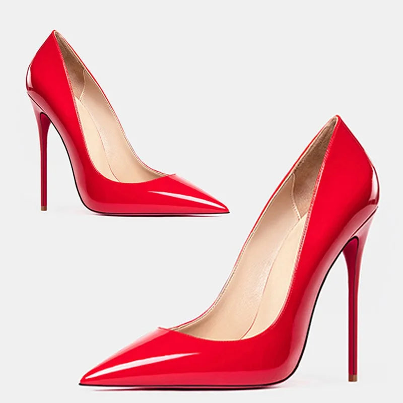 2025 European and American slim and sexy high heels, pointed shallow mouth black patent leather temperament work shoes