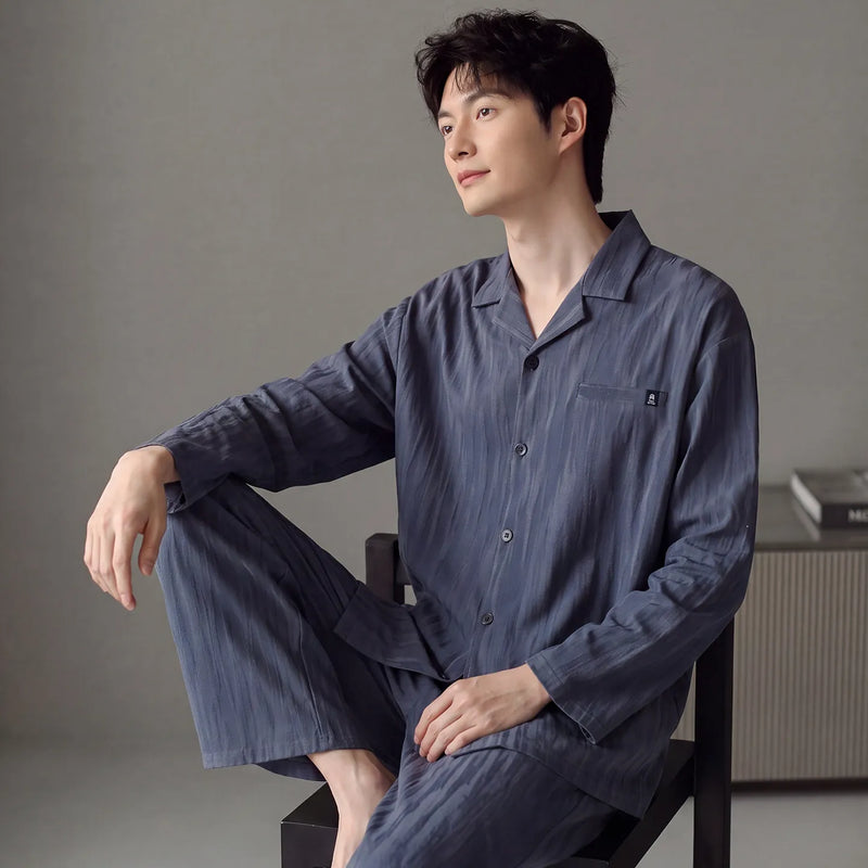 Korean Fashion Men's Cardigan Homewear for Autumn Spring Male Long Sleeves Long Pant 2Pcs/set Loungewear Hombre Pijamas 2026