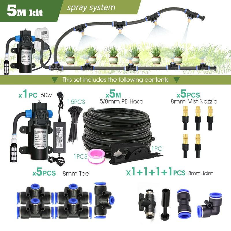 110-220V Power Supply self-priming Pump Spray Kit  for Greenhouse Garden 8mm PE Hose Brass Nozzle Automatic Misting Cool System