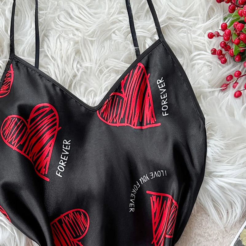 Valentine's Day Red Lip Print Satin Slip Nightdress V | SAMAG